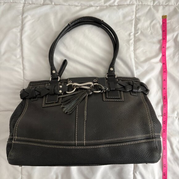 COACH Hampton Black Pebbled Leather Shoulder Bag Braided Trim Tassel - Picture 7 of 10